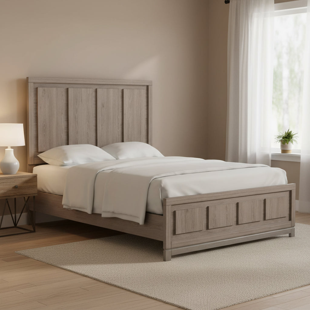 Sea King Size Bed, Rustic Modern Design, Panel Headboard, Brown Wood