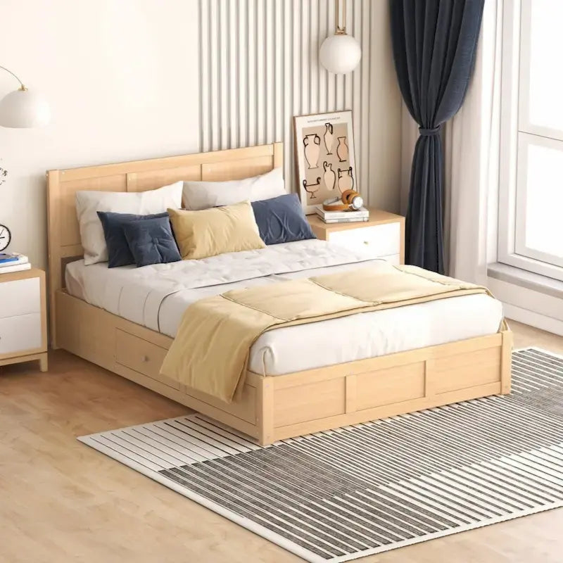 Lit plateforme double, 2 tiroirs, rangement sous le lit, bois massif, naturel, pour 2 personnes