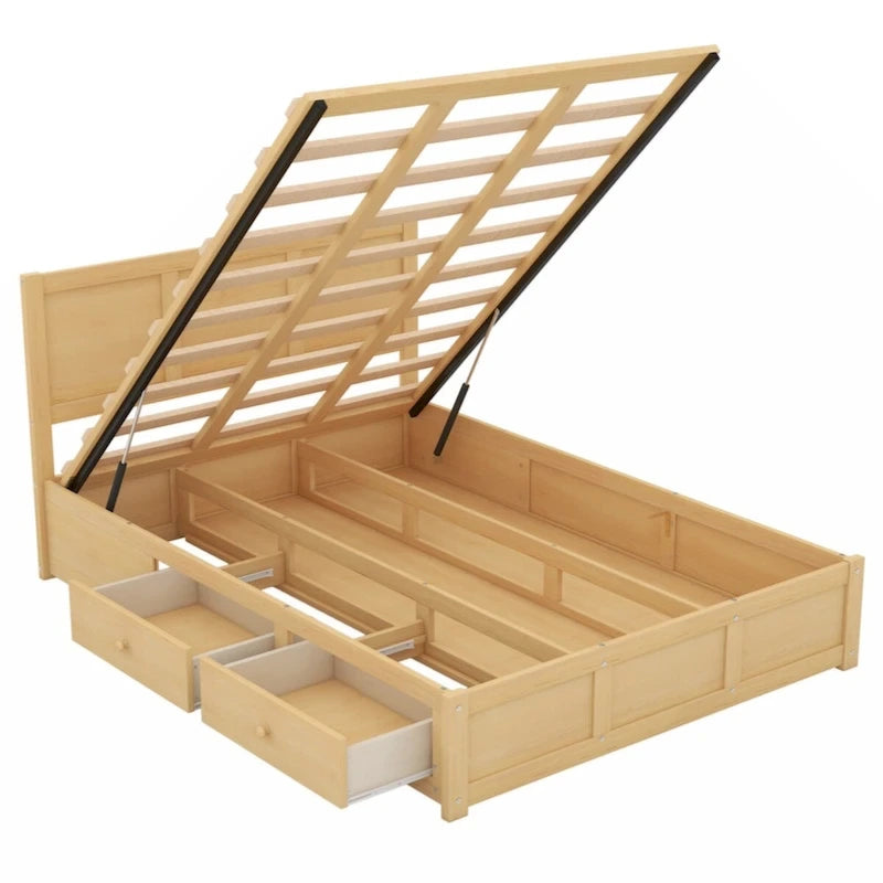 Lit plateforme double, 2 tiroirs, rangement sous le lit, bois massif, naturel, pour 2 personnes