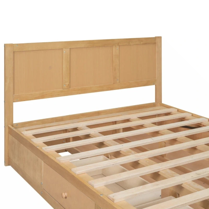Lit plateforme double, 2 tiroirs, rangement sous le lit, bois massif, naturel, pour 2 personnes