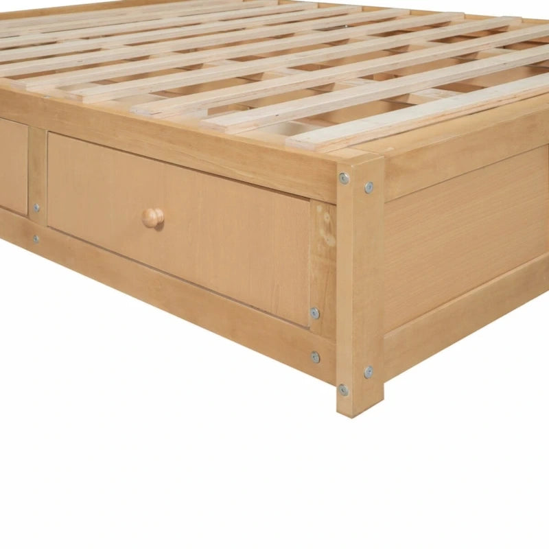 Lit plateforme double, 2 tiroirs, rangement sous le lit, bois massif, naturel, pour 2 personnes