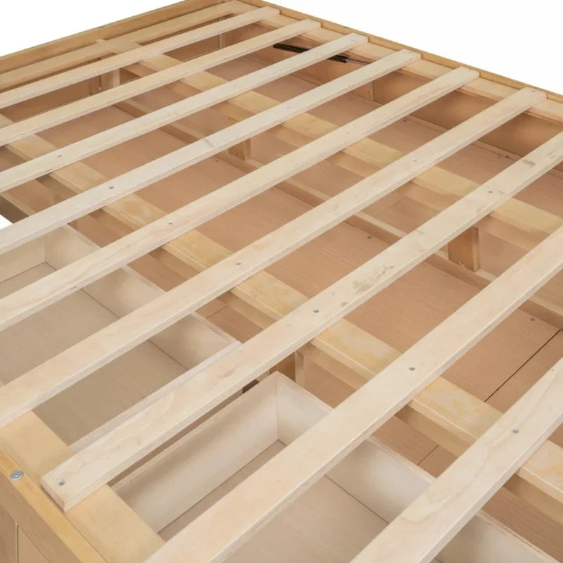 Lit plateforme double, 2 tiroirs, rangement sous le lit, bois massif, naturel, pour 2 personnes