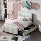 Lit plateforme double, tête de lit en lin à croisillons, cadre à LED RVB, 4 tiroirs, 10 lattes, MDF et contreplaqué, beige, pour 1 personne