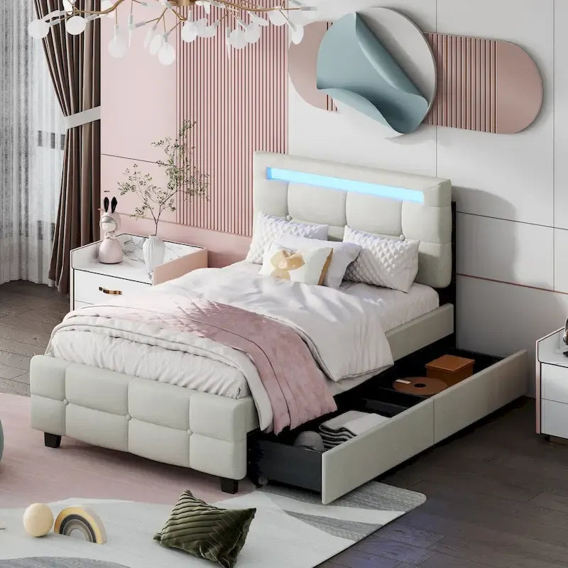 Lit plateforme double, tête de lit en lin à croisillons, cadre à LED RVB, 4 tiroirs, 10 lattes, MDF et contreplaqué, beige, pour 1 personne