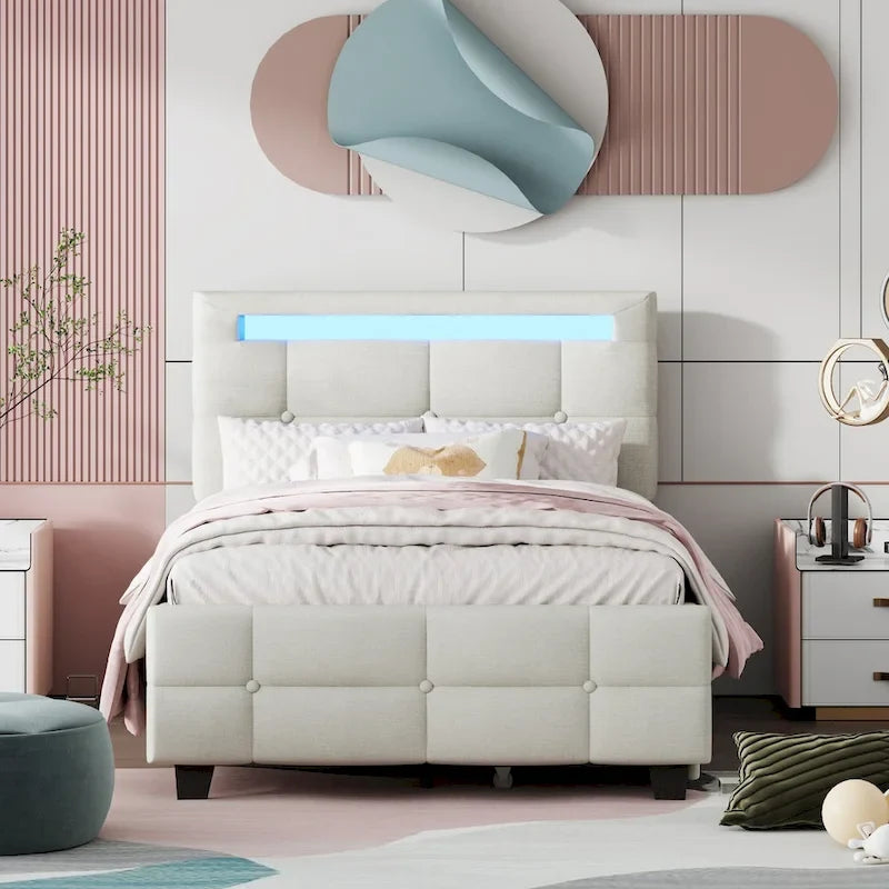 Lit plateforme double, tête de lit en lin à croisillons, cadre à LED RVB, 4 tiroirs, 10 lattes, MDF et contreplaqué, beige, pour 1 personne