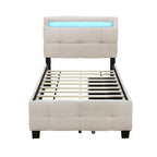 Lit plateforme double, tête de lit en lin à croisillons, cadre à LED RVB, 4 tiroirs, 10 lattes, MDF et contreplaqué, beige, pour 1 personne