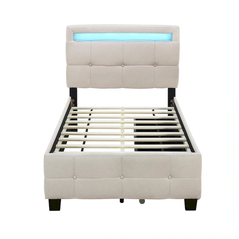 Lit plateforme double, tête de lit en lin à croisillons, cadre à LED RVB, 4 tiroirs, 10 lattes, MDF et contreplaqué, beige, pour 1 personne