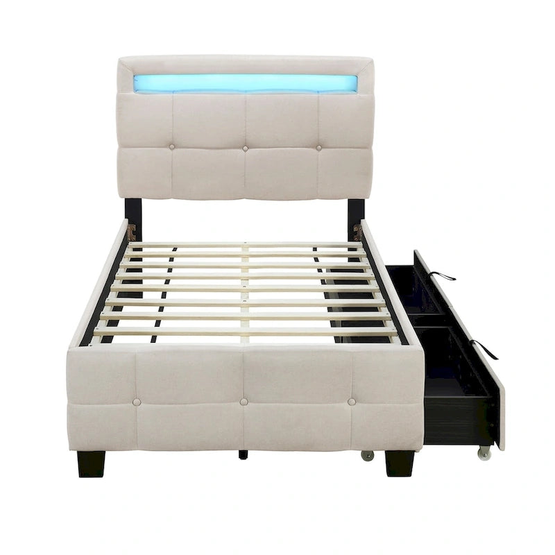 Lit plateforme double, tête de lit en lin à croisillons, cadre à LED RVB, 4 tiroirs, 10 lattes, MDF et contreplaqué, beige, pour 1 personne