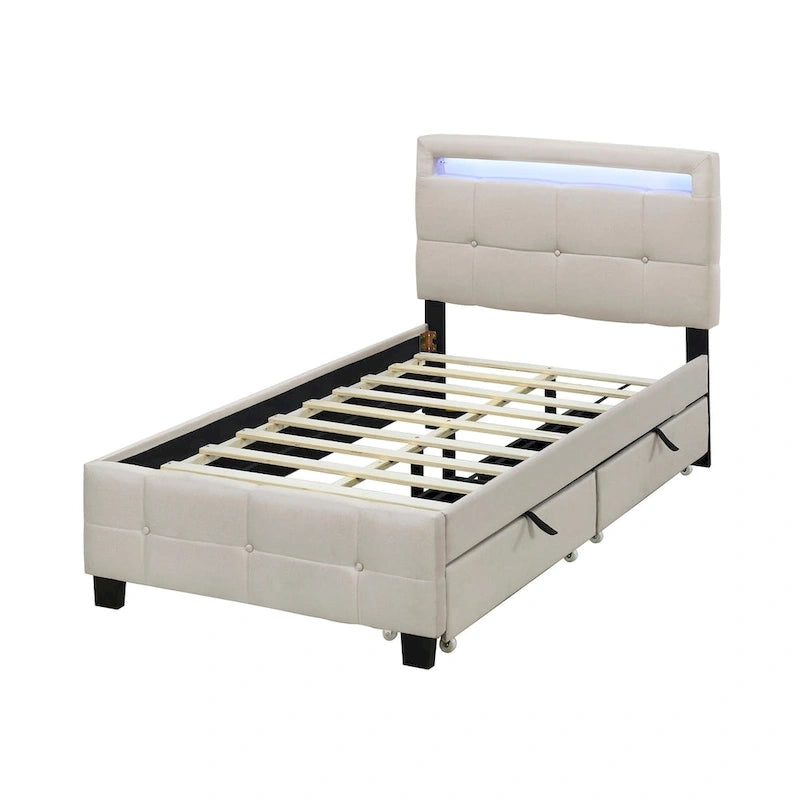 Lit plateforme double, tête de lit en lin à croisillons, cadre à LED RVB, 4 tiroirs, 10 lattes, MDF et contreplaqué, beige, pour 1 personne