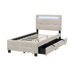 Lit plateforme double, tête de lit en lin à croisillons, cadre à LED RVB, 4 tiroirs, 10 lattes, MDF et contreplaqué, beige, pour 1 personne