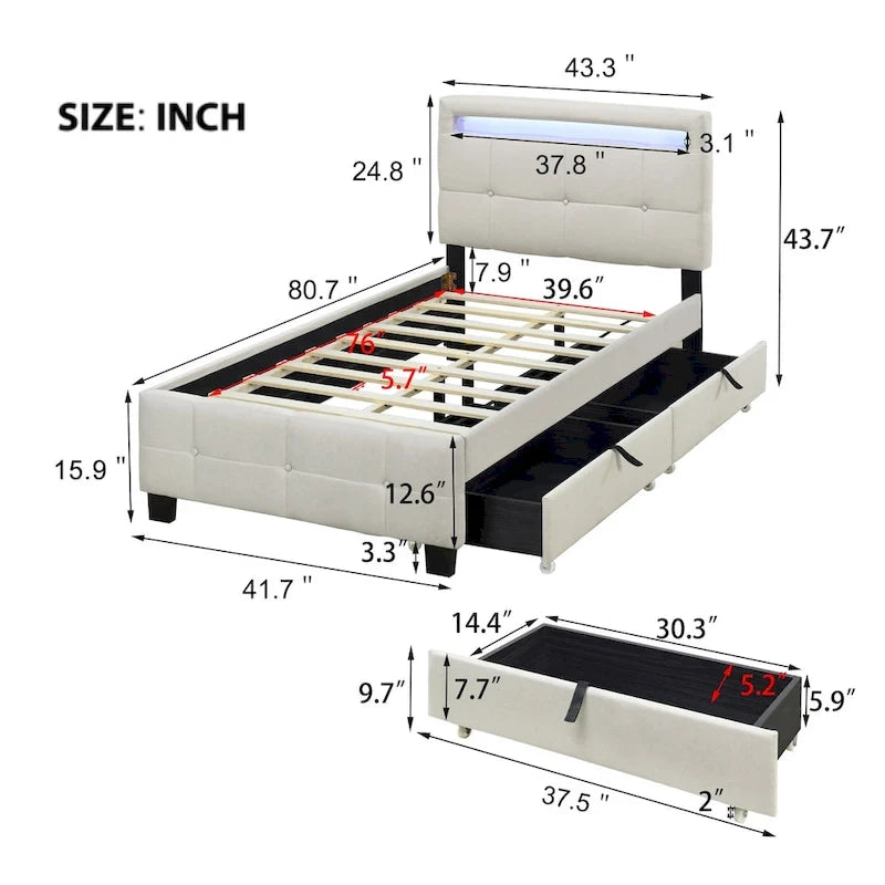 Lit plateforme double, tête de lit en lin à croisillons, cadre à LED RVB, 4 tiroirs, 10 lattes, MDF et contreplaqué, beige, pour 1 personne
