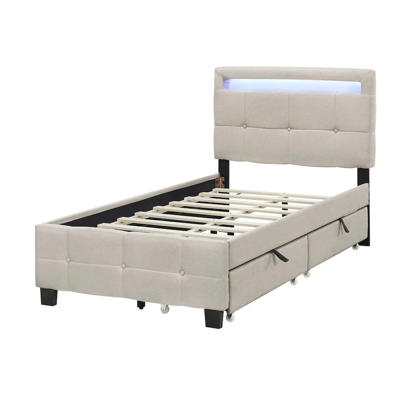 Lit plateforme double, tête de lit en lin à croisillons, cadre à LED RVB, 4 tiroirs, 10 lattes, MDF et contreplaqué, beige, pour 1 personne