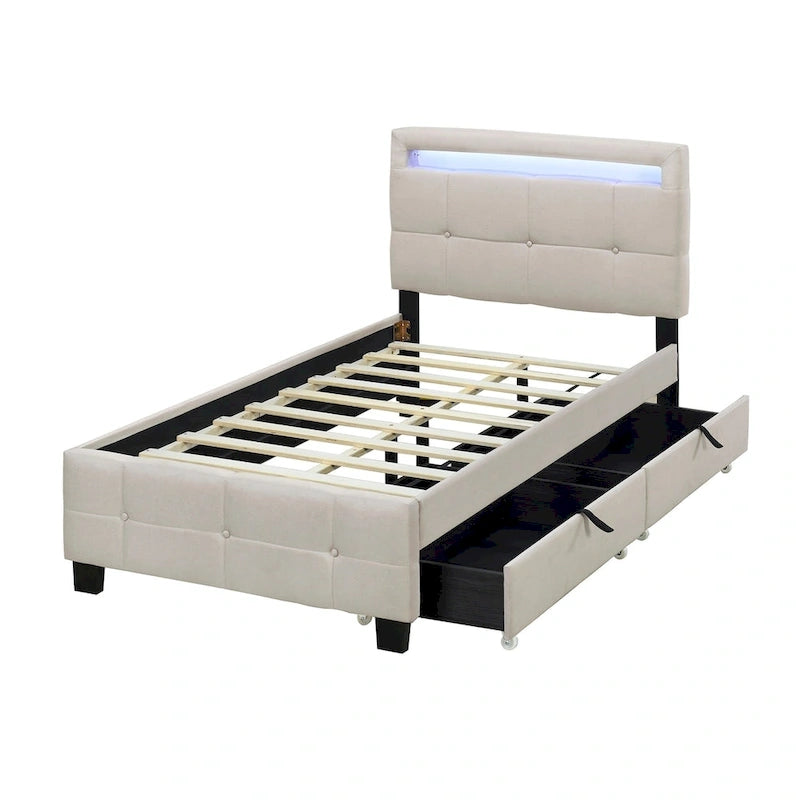 Lit plateforme double, tête de lit en lin à croisillons, cadre à LED RVB, 4 tiroirs, 10 lattes, MDF et contreplaqué, beige, pour 1 personne