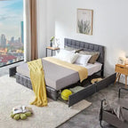 Lit plateforme double, tête de lit capitonnée, 4 tiroirs de rangement, 12 lattes en bois, gris/beige, utilisation 2 personnes