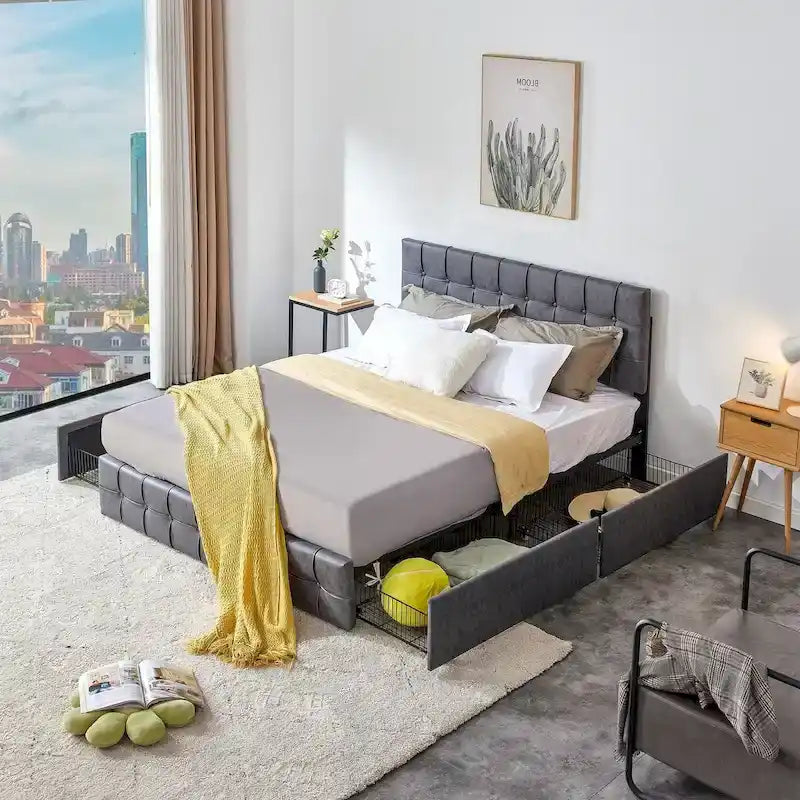 Lit plateforme double, tête de lit capitonnée, 4 tiroirs de rangement, 12 lattes en bois, gris/beige, utilisation 2 personnes