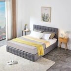 Lit plateforme double, tête de lit capitonnée, 4 tiroirs de rangement, 12 lattes en bois, gris/beige, utilisation 2 personnes