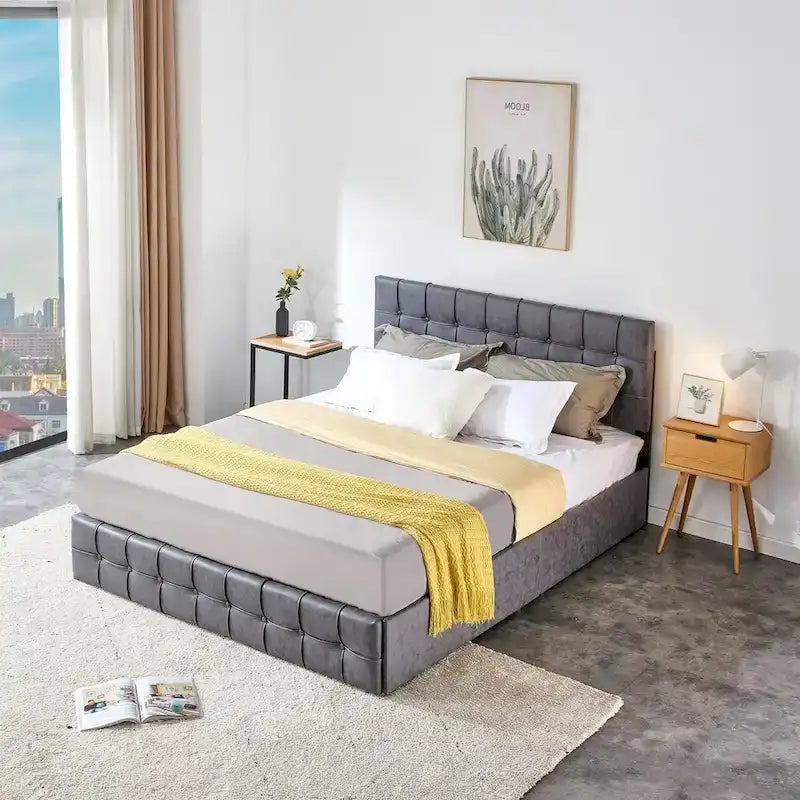 Lit plateforme double, tête de lit capitonnée, 4 tiroirs de rangement, 12 lattes en bois, gris/beige, utilisation 2 personnes