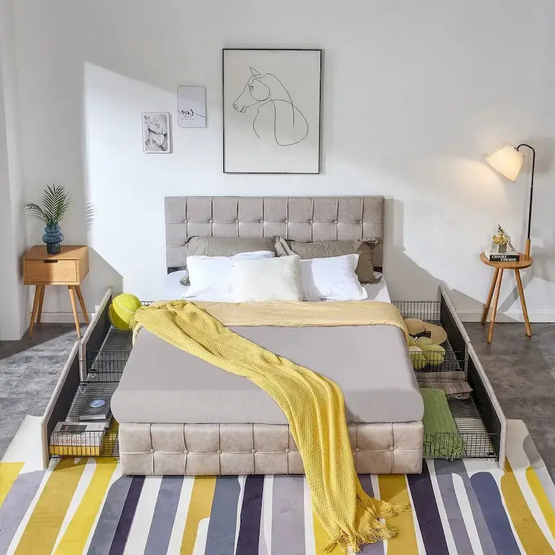 Lit plateforme double, tête de lit capitonnée, 4 tiroirs de rangement, 12 lattes en bois, gris/beige, utilisation 2 personnes