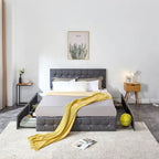 Lit plateforme double, tête de lit capitonnée, 4 tiroirs de rangement, 12 lattes en bois, gris/beige, utilisation 2 personnes