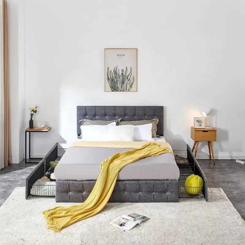 Lit plateforme double, tête de lit capitonnée, 4 tiroirs de rangement, 12 lattes en bois, gris/beige, utilisation 2 personnes