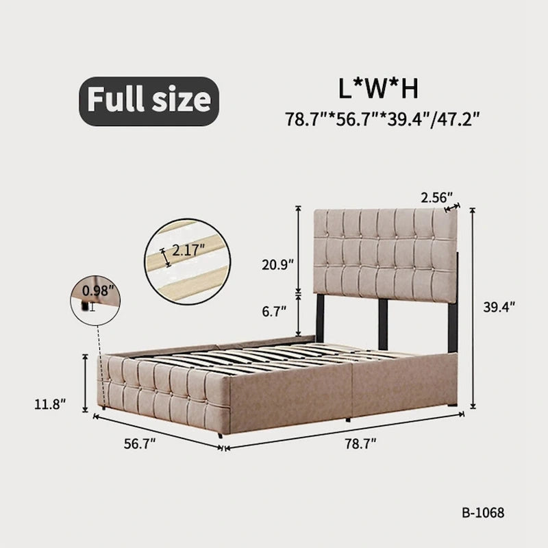 Lit plateforme double, tête de lit capitonnée, 4 tiroirs de rangement, 12 lattes en bois, gris/beige, utilisation 2 personnes