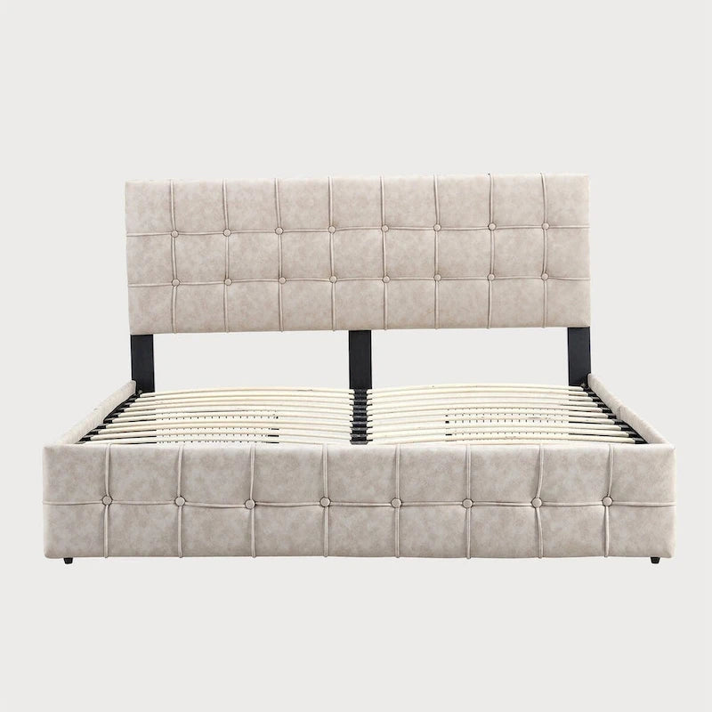 Lit plateforme double, tête de lit capitonnée, 4 tiroirs de rangement, 12 lattes en bois, gris/beige, utilisation 2 personnes