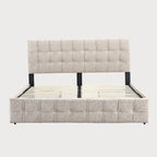 Lit plateforme double, tête de lit capitonnée, 4 tiroirs de rangement, 12 lattes en bois, gris/beige, utilisation 2 personnes