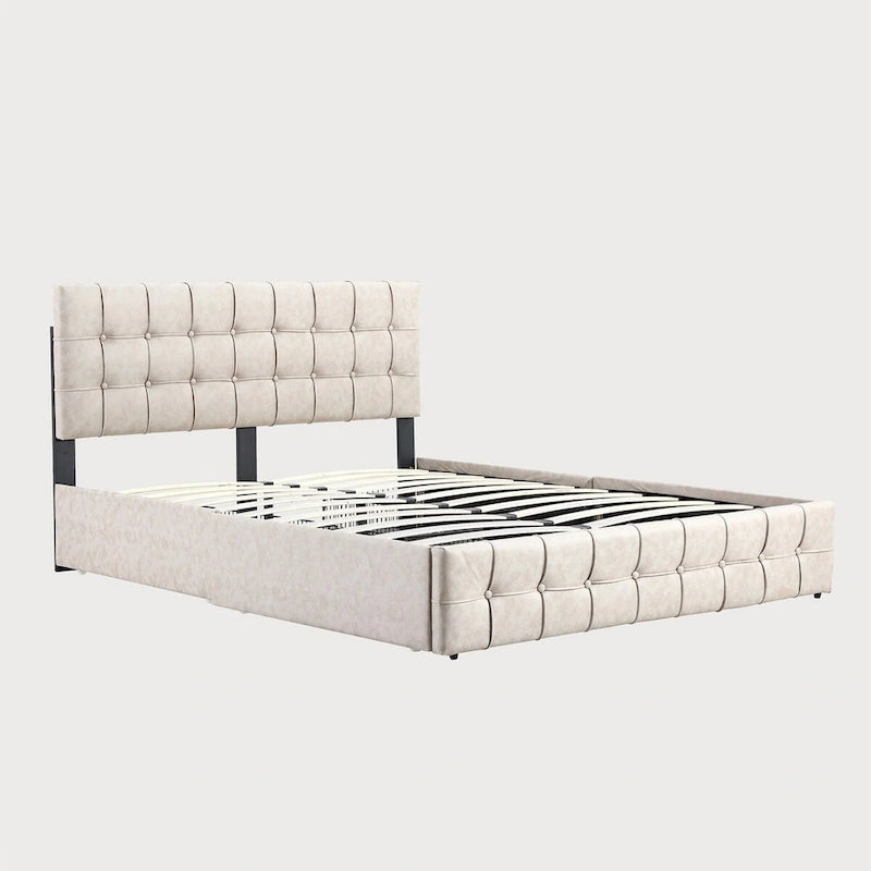 Lit plateforme double, tête de lit capitonnée, 4 tiroirs de rangement, 12 lattes en bois, gris/beige, utilisation 2 personnes