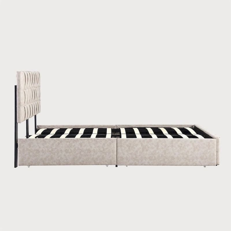 Lit plateforme double, tête de lit capitonnée, 4 tiroirs de rangement, 12 lattes en bois, gris/beige, utilisation 2 personnes