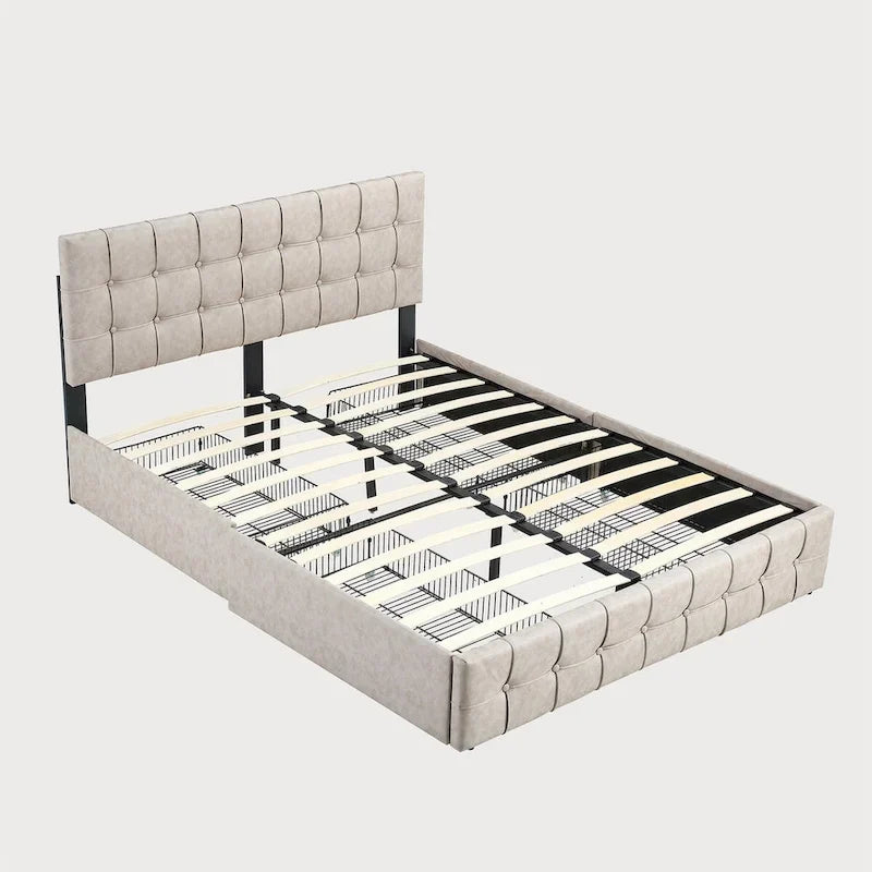 Lit plateforme double, tête de lit capitonnée, 4 tiroirs de rangement, 12 lattes en bois, gris/beige, utilisation 2 personnes