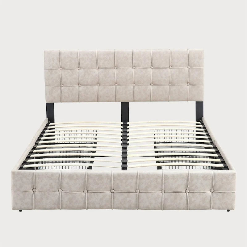 Lit plateforme double, tête de lit capitonnée, 4 tiroirs de rangement, 12 lattes en bois, gris/beige, utilisation 2 personnes