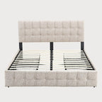 Lit plateforme double, tête de lit capitonnée, 4 tiroirs de rangement, 12 lattes en bois, gris/beige, utilisation 2 personnes