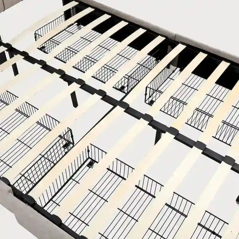Lit plateforme double, tête de lit capitonnée, 4 tiroirs de rangement, 12 lattes en bois, gris/beige, utilisation 2 personnes