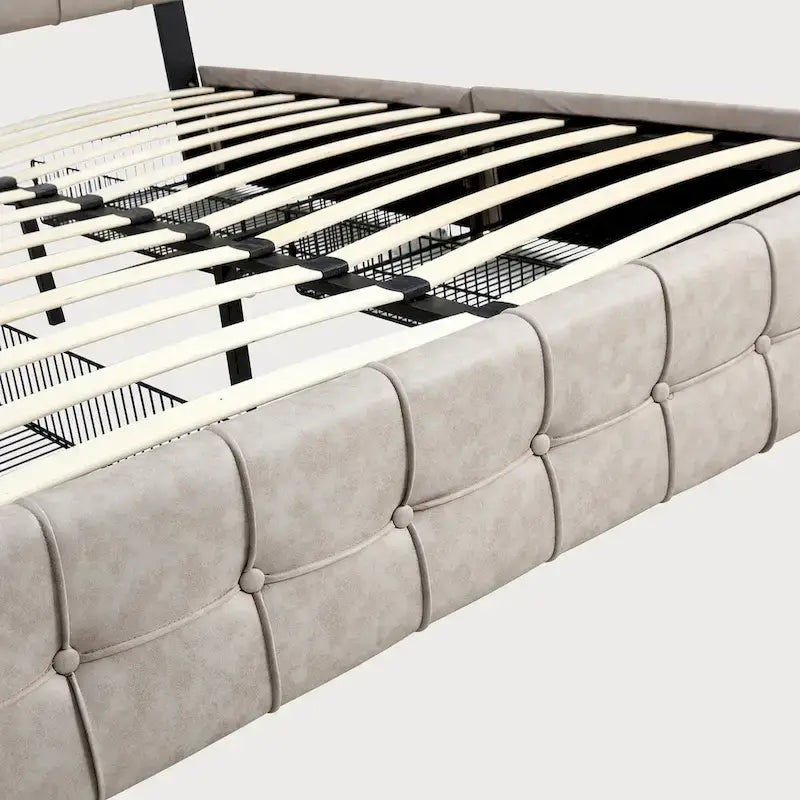 Lit plateforme double, tête de lit capitonnée, 4 tiroirs de rangement, 12 lattes en bois, gris/beige, utilisation 2 personnes