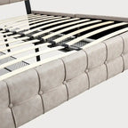 Lit plateforme double, tête de lit capitonnée, 4 tiroirs de rangement, 12 lattes en bois, gris/beige, utilisation 2 personnes