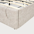 Lit plateforme double, tête de lit capitonnée, 4 tiroirs de rangement, 12 lattes en bois, gris/beige, utilisation 2 personnes