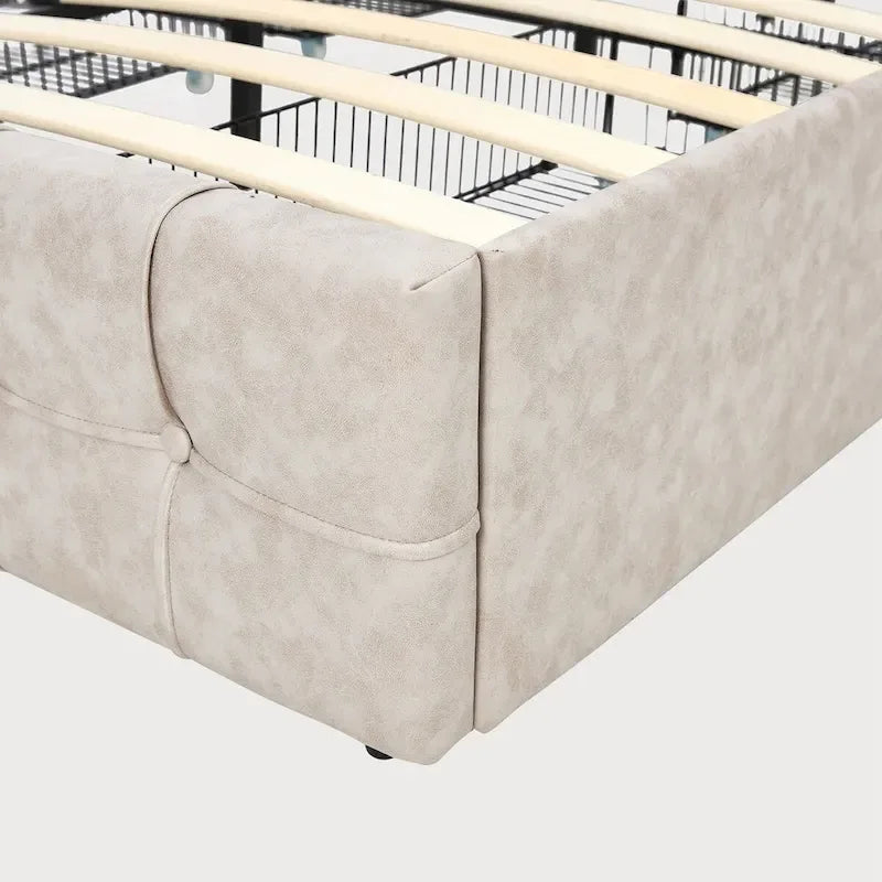 Lit plateforme double, tête de lit capitonnée, 4 tiroirs de rangement, 12 lattes en bois, gris/beige, utilisation 2 personnes