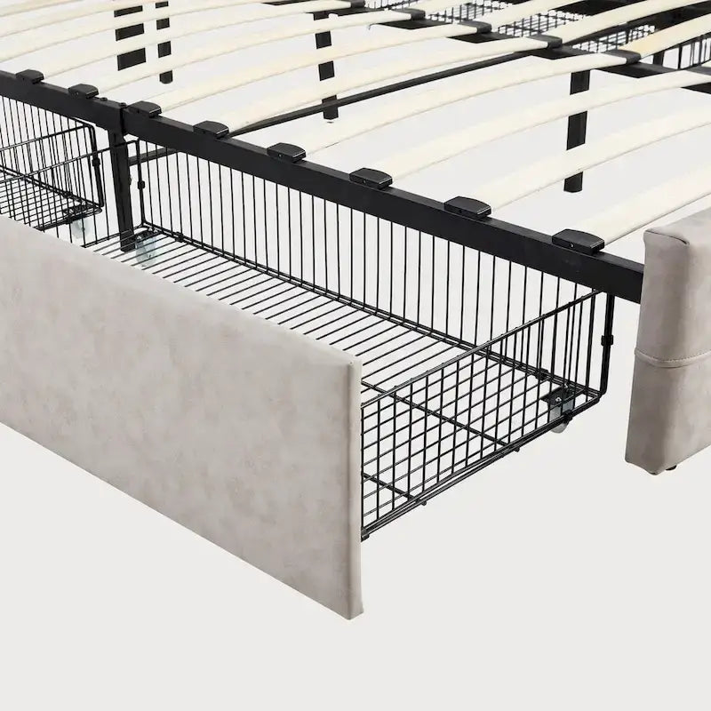 Lit plateforme double, tête de lit capitonnée, 4 tiroirs de rangement, 12 lattes en bois, gris/beige, utilisation 2 personnes