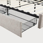Lit plateforme double, tête de lit capitonnée, 4 tiroirs de rangement, 12 lattes en bois, gris/beige, utilisation 2 personnes