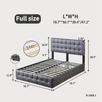 Lit plateforme double, tête de lit capitonnée, 4 tiroirs de rangement, 12 lattes en bois, gris/beige, utilisation 2 personnes
