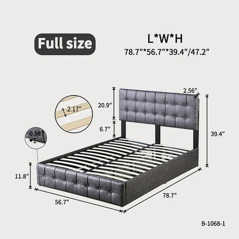 Lit plateforme double, tête de lit capitonnée, 4 tiroirs de rangement, 12 lattes en bois, gris/beige, utilisation 2 personnes