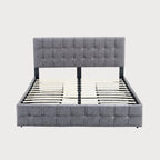 Lit plateforme double, tête de lit capitonnée, 4 tiroirs de rangement, 12 lattes en bois, gris/beige, utilisation 2 personnes