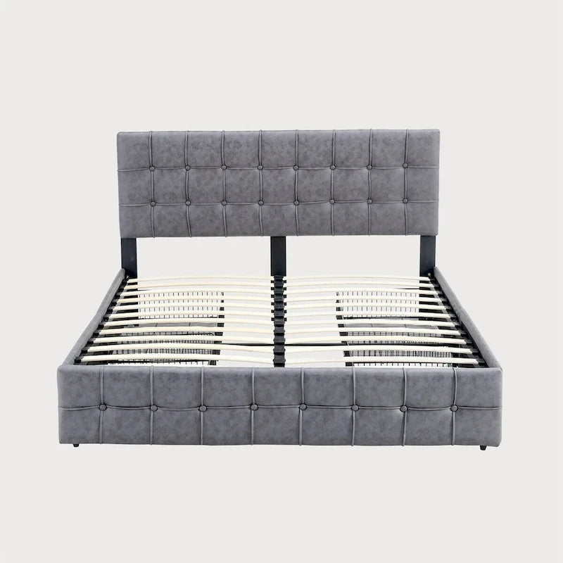 Lit plateforme double, tête de lit capitonnée, 4 tiroirs de rangement, 12 lattes en bois, gris/beige, utilisation 2 personnes