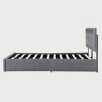 Lit plateforme double, tête de lit capitonnée, 4 tiroirs de rangement, 12 lattes en bois, gris/beige, utilisation 2 personnes