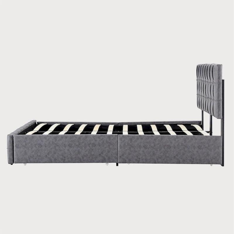 Lit plateforme double, tête de lit capitonnée, 4 tiroirs de rangement, 12 lattes en bois, gris/beige, utilisation 2 personnes