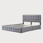 Lit plateforme double, tête de lit capitonnée, 4 tiroirs de rangement, 12 lattes en bois, gris/beige, utilisation 2 personnes