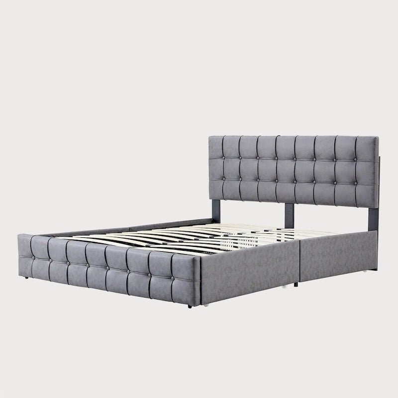 Lit plateforme double, tête de lit capitonnée, 4 tiroirs de rangement, 12 lattes en bois, gris/beige, utilisation 2 personnes