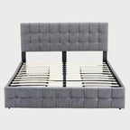 Lit plateforme double, tête de lit capitonnée, 4 tiroirs de rangement, 12 lattes en bois, gris/beige, utilisation 2 personnes
