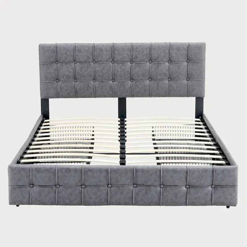 Lit plateforme double, tête de lit capitonnée, 4 tiroirs de rangement, 12 lattes en bois, gris/beige, utilisation 2 personnes