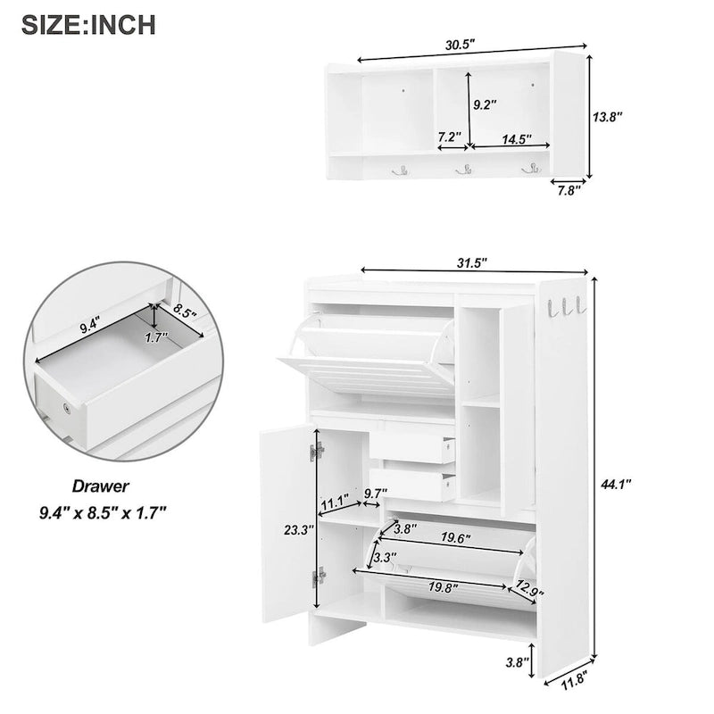 Meuble à chaussures d'entrée, 2 tiroirs basculants avec ventilation, meuble mural, crochets de suspension, sans poignée, panneau de particules, blanc/noir, utilisation par 1 personne